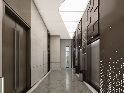 Modern Elevator Hallway Interior Design With Marble Floor And Sleek Wall Panels 3d model