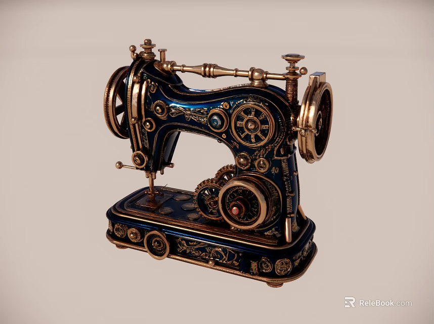 Vintage Ornate Sewing Machine With Gold Blue Accents And Intricate Gears 3d model 