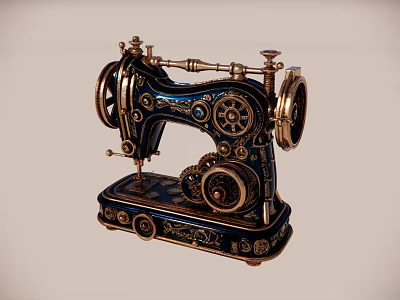 Vintage Ornate Sewing Machine With Gold Blue Accents And Intricate Gears 3d model