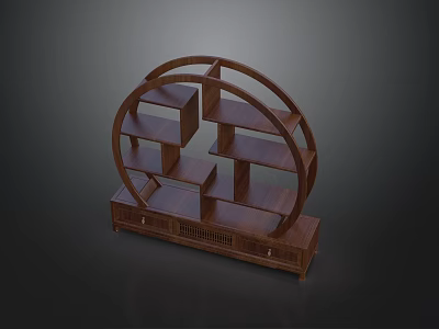 Traditional Wooden Display Shelf With Circular Frame Multiple Shelves And Storage Base 3d model