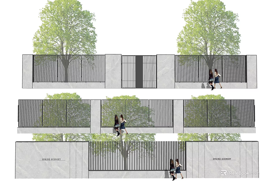 Modern Building Facade With Metal Screens Green Trees And People Walking Nearby 3d model 