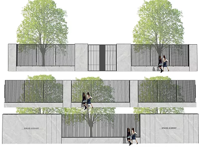 Modern Building Facade With Metal Screens Green Trees And People Walking Nearby 3d model