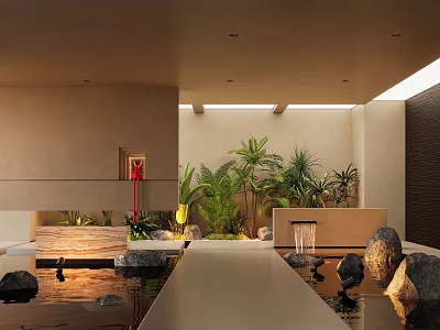 Tranquil Indoor Landscape With Various Green Plants Water Pond Decorative Stones And Soft Lighting 3d model