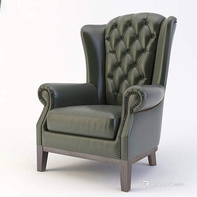Dark Green Diamond Tufted Single Sofa With Curved Armrests And Wooden Legs 3d model 