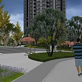 Modern High Rise Residential Landscape With Entrance Area Glass Screen Circular Fountain And Greenery