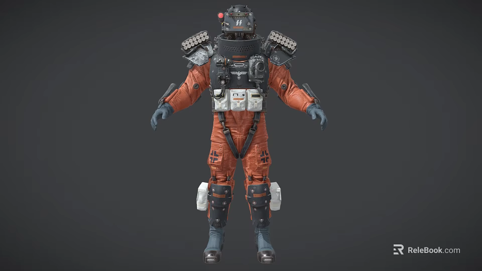 Game Movie Character in Orange Black Sci Fi Suit with Backpack Shoulder and Knee Guards 3d model 