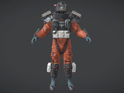 Game Movie Character in Orange Black Sci Fi Suit with Backpack Shoulder and Knee Guards 3d model