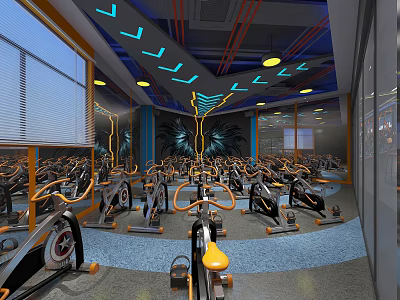 Modern Fitness Gym Interior With Stationary Bikes Blue Orange Lighting And Geometric Ceiling Patterns 3d model