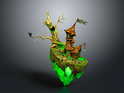 Enchanted Treehouse Building On Floating Island With Withered Tree Small Flag And Green Glowing Crystals 3d model