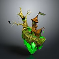 Enchanted Treehouse Building On Floating Island With Withered Tree Small Flag And Green Glowing Crystals