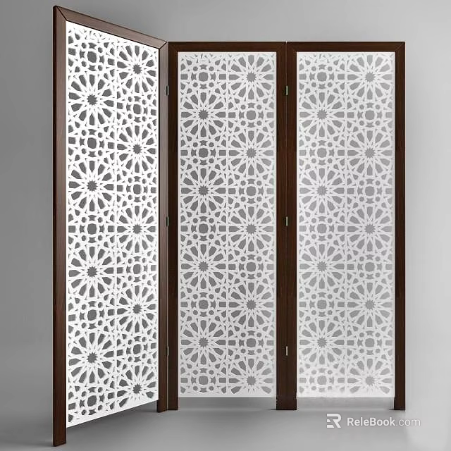 Three Panel Decorative Room Divider with Ornate Cutout Patterns and Wooden Frame 3d model