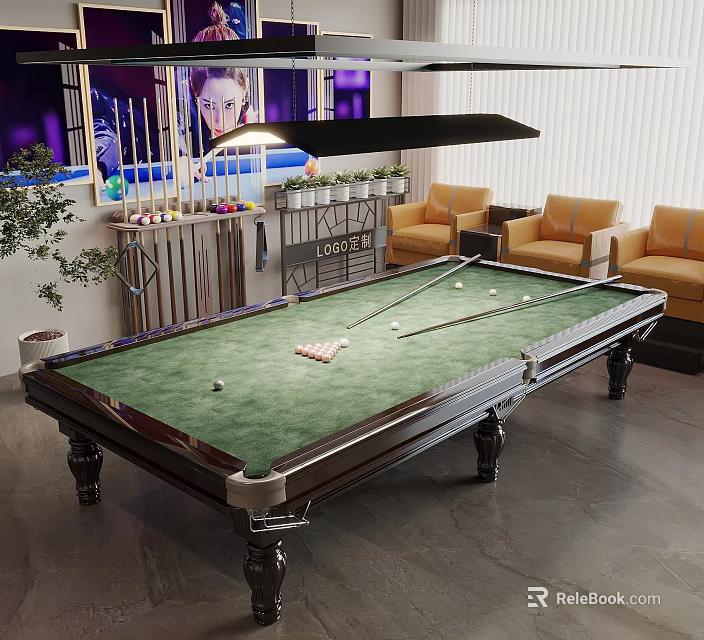 Modern Billiard Room With Green Felt Table Cue Rack Yellow Sofas And TV Screen 3d model 