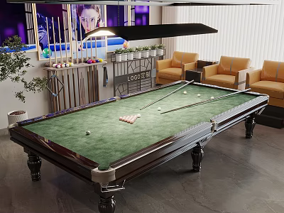 Modern Billiard Room With Green Felt Table Cue Rack Yellow Sofas And TV Screen 3d model