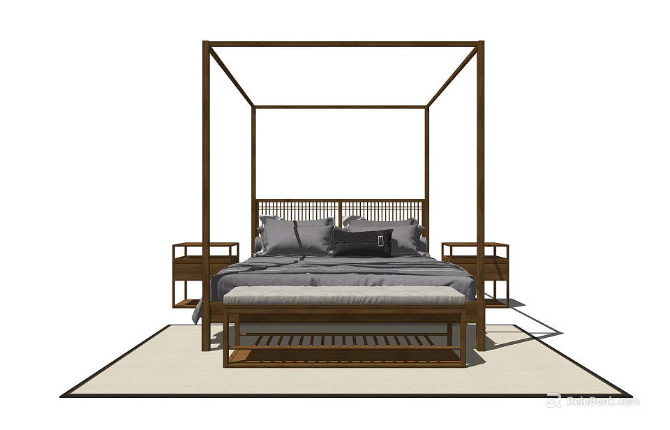 Modern Wooden Four Poster Double Bed With Gray Bedding And Side Nightstands 3d model 