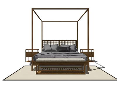 Modern Wooden Four Poster Double Bed With Gray Bedding And Side Nightstands 3d model