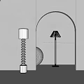 Two Modern Floor Lamps with Spiral White Base Sleek Metal Stand Beige Lampshade Grey Wall