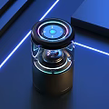Modern Electrical Appliance With Ring Light Control Buttons And Smart Features On Geometric Background With Blue Ambient Lighting