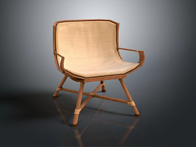 Simple Design Leisure Chair Featuring Wooden Frame Beige Woven Seat Backrest Armrests And Crossed Legs 3d model