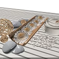 Home Living Essentials With Wooden Tray Sunflowers Pebbles Wicker Balls And Cream Jar