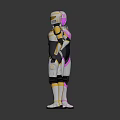 Two Female Characters in Sleek Pink Black and Yellow White Futuristic Costumes Back View