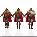 Muscular Men In Red Capes Black Shorts And Yellow Decorated Helmets With Arm Bandage