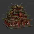 Cartoon Style Traditional Chinese Building With Multi Tiered Red Structure Ornate Eaves And Tile Roof