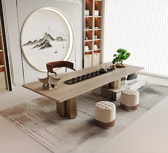 New Chinese Style Tea Table and Chair Background Wall Tea Cabinet Tea Set Tea Room Sofa Stool 3d model