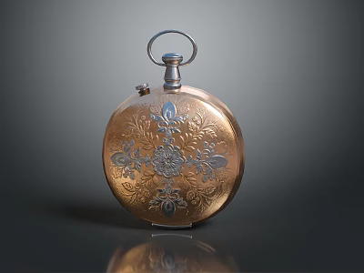 Vintage Copper Pocket Watch with Engraved Floral Patterns on Classic Round Case 3d model