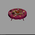 Round Dining Table with Pink Tablecloth Filled with Roast Chicken Bowls Plates and Small Decorations