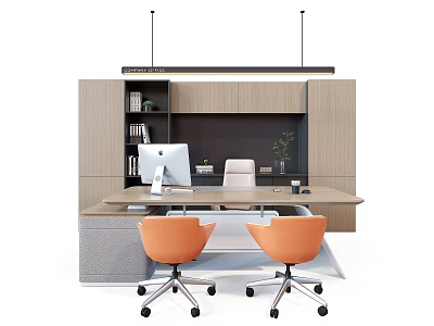 Modern Office Desk with Orange Chairs Computer Bookshelf and Plant 3d model