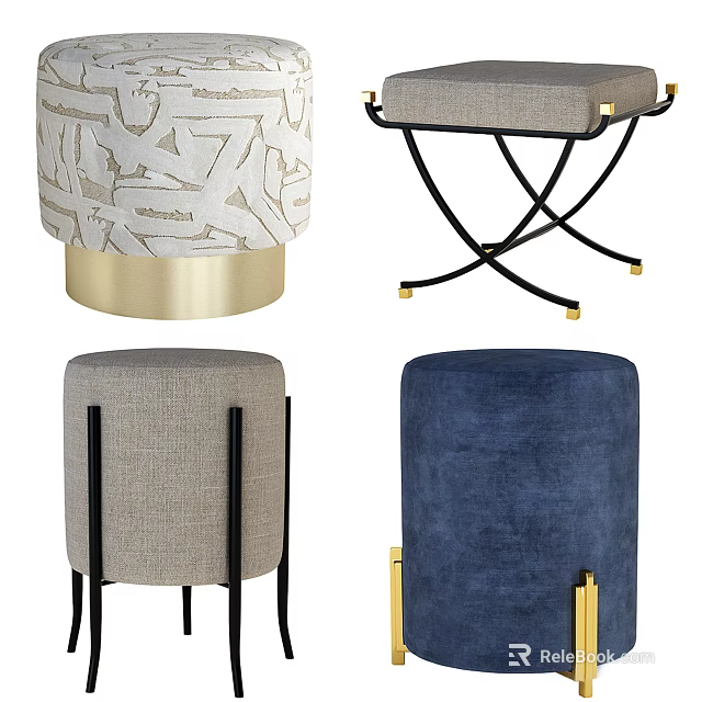 Modern Round And Square Ottomans With Navy Blue Velvet Beige Fabric Gold Metal Legs 3d model 
