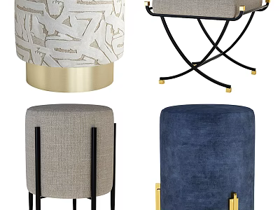 Modern Round And Square Ottomans With Navy Blue Velvet Beige Fabric Gold Metal Legs 3d model