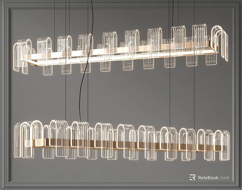 Modern Geometric Chandelier with Linear Metal Frame and Illuminated Hanging Design 3d model 