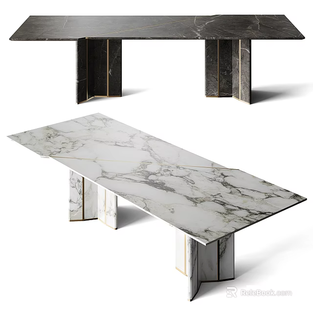 Modern Luxury Rectangular White Marble Dining Table With Exquisite Gold Inlaid Sturdy Decorative Legs 3d model 
