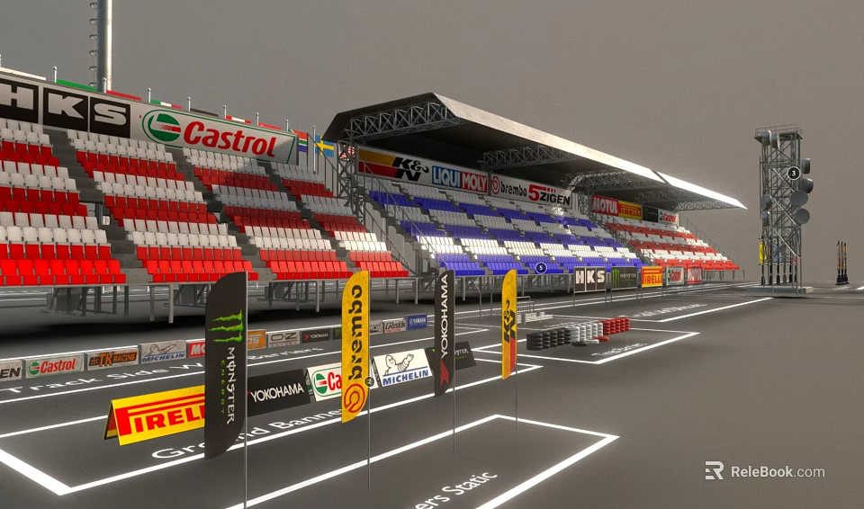 Race Track Grandstand With Red White Seats And Sponsor Advertising Banners 3d model 