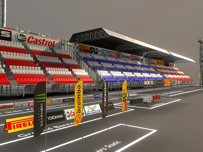 Race Track Grandstand With Red White Seats And Sponsor Advertising Banners 3d model