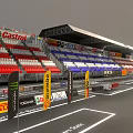Race Track Grandstand With Red White Seats And Sponsor Advertising Banners