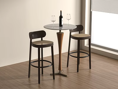 Interior Round Bar Counter With Wine Bottle Glasses And Two Bar Stools On Wooden Floor 3d model