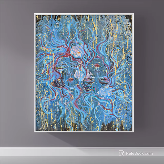 Abstract Figure Painting With Multiple Faces Blue Background And Golden Lines 3d model