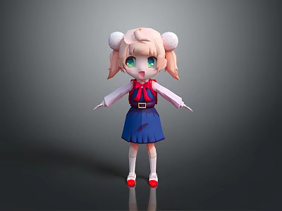 Cute 3D Cartoon Character With Pink Twin Buns Green Eyes Red Bow And Blue Skirt 3d model