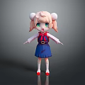 Cute 3D Cartoon Character With Pink Twin Buns Green Eyes Red Bow And Blue Skirt