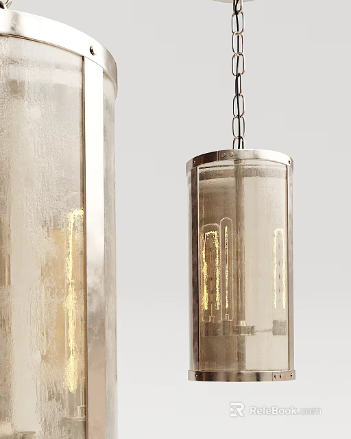 Modern Cylindrical Chandelier With Metal Frame Glass Shade And Glowing Bulbs 3d model 