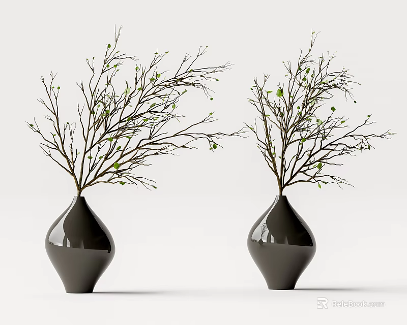 Two Black Ceramic Vases With Branches And Small Green Leaves On White Background 3d model 