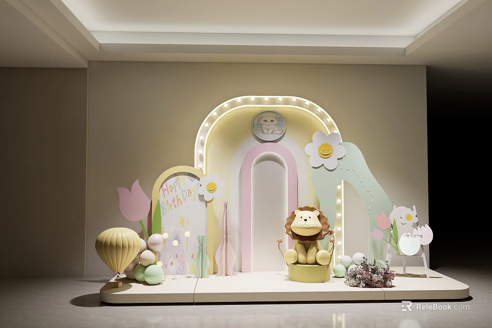 Cute Banquet Hall with Arched Illuminated Door Cartoon Lion Doll Flower Decor Hot Air Balloon 3d model 