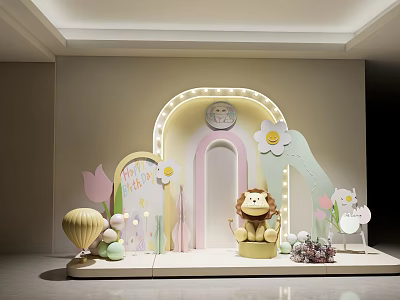 Cute Banquet Hall with Arched Illuminated Door Cartoon Lion Doll Flower Decor Hot Air Balloon 3d model