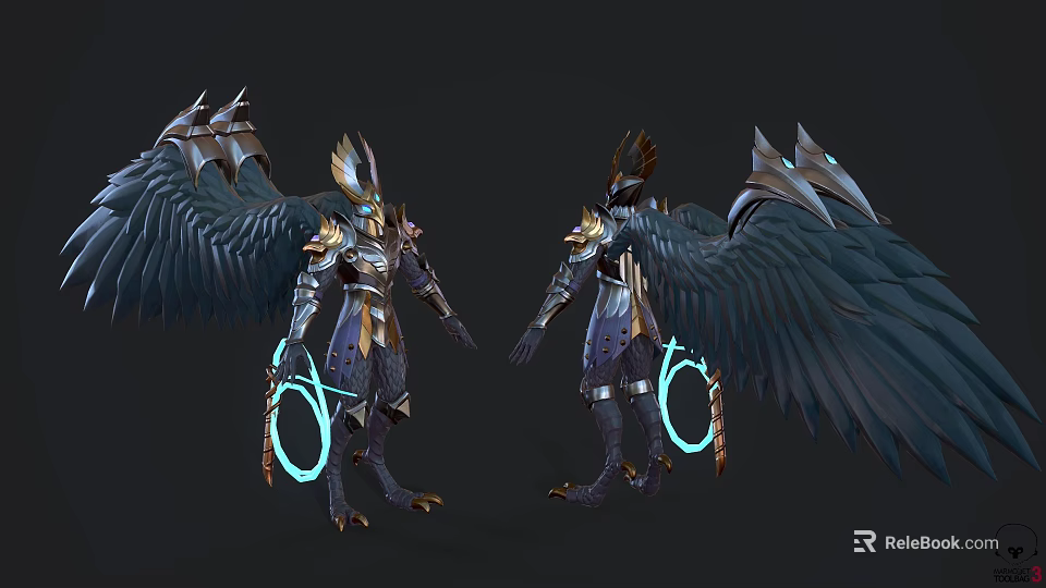 Game And Movie Character With Large Wings Shiny Armor And Glowing Rings 3d model 