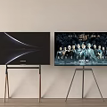 Modern Televisions on Stands One Black Screen with White Curve and One Displaying Movie Characters