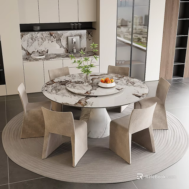 Modern Minimalist Round Marble Dining Table Set With Six Beige Chairs 3d model