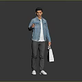 Casual Man In Blue Denim Jacket Holding Shopping Bag With Pointing Hand