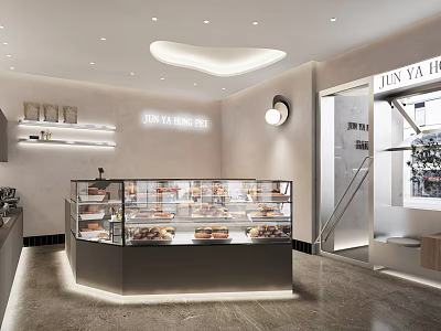 Modern Dessert Shop Interior Design With Glass Display Case And Various Desserts And Warm Lighting 3d model